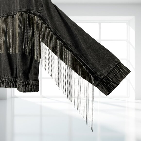 Le Lis Tassel Denim Jacket M | Black Wash Rhinestone Chain Fringe Cotton Western - Picture 7 of 16